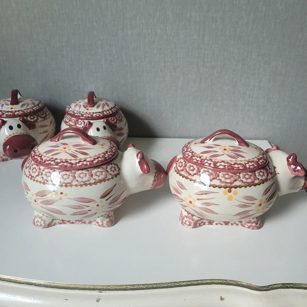 HTF Temp-tations Old World Cow Ramekins Set- 4 Rare Retired Ceramic Baking Cups